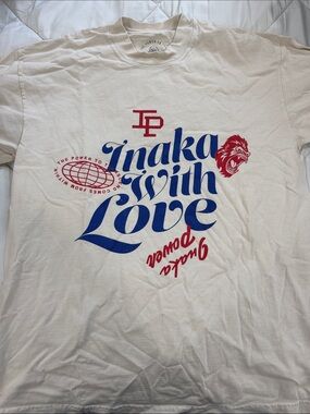 Inaka Power Women's Short Sleeve Tee - White with Blue & Red Graphics